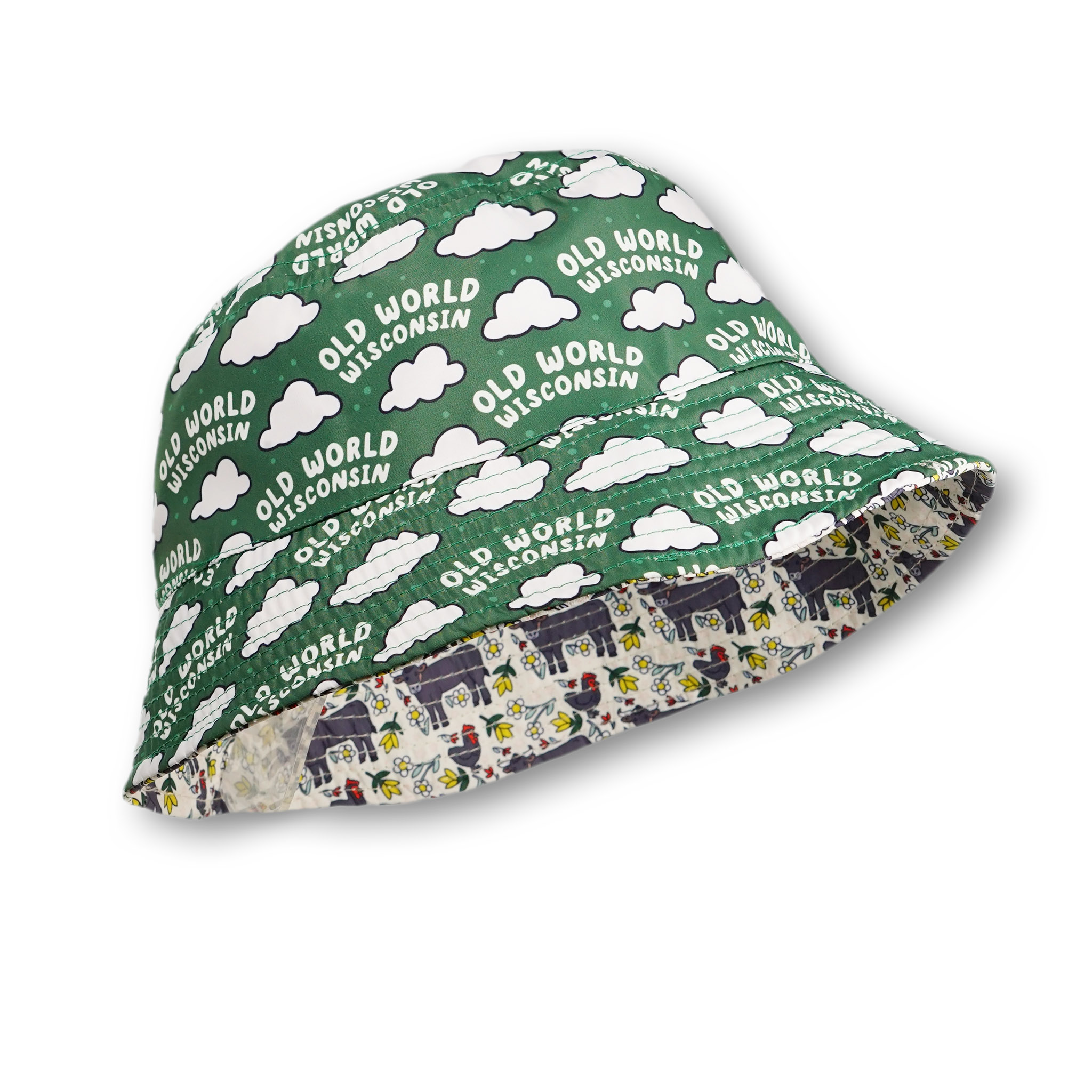 Green bucket hat with old world wisconsin printed in patterned text.